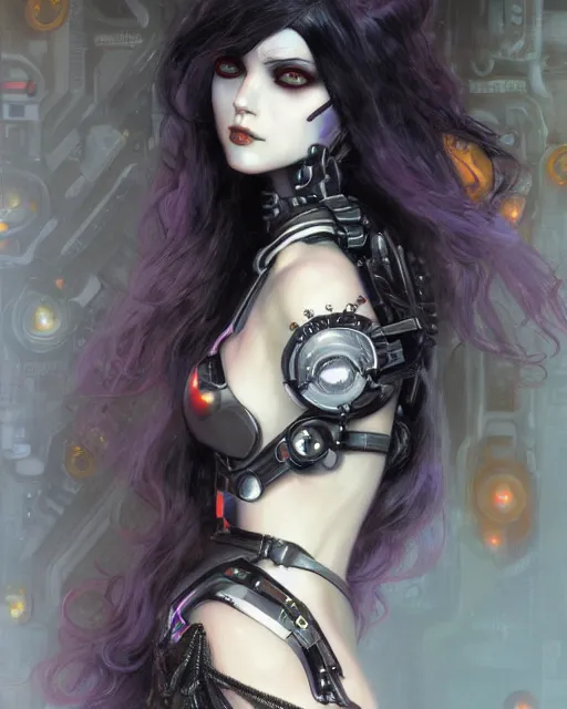 Prompt: portrait of cute beautiful young goth cyborg maiden, cyberpunk, Warhammer, highly detailed, artstation, illustration, art by Gustav Klimt and Range Murata