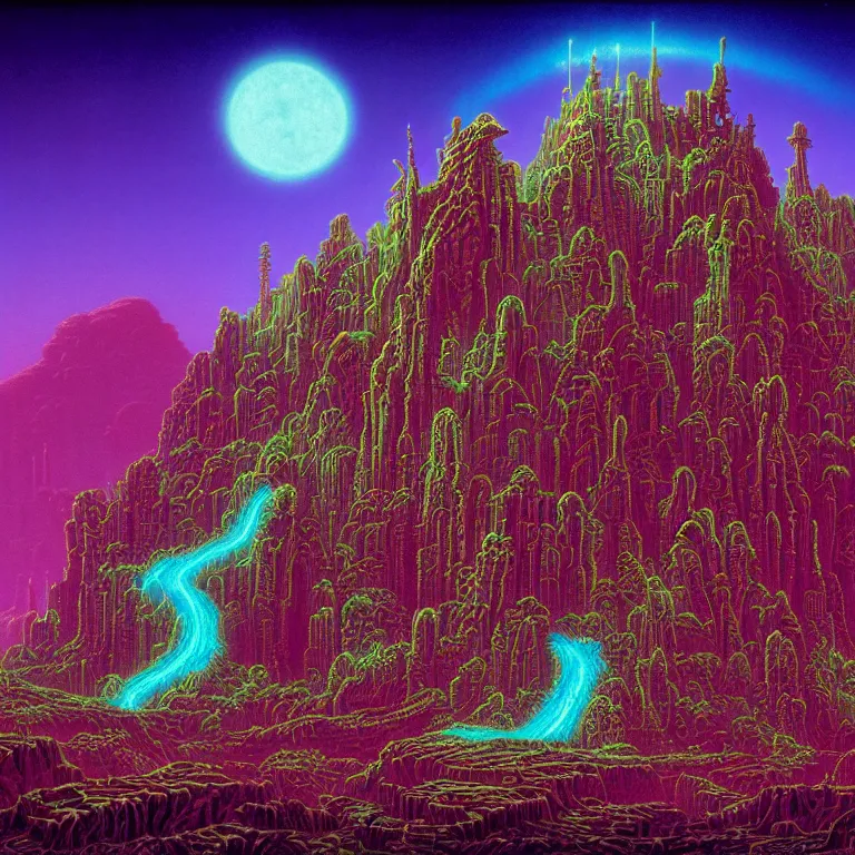 Prompt: mysterious skull castles in infinite circuit board valley, synthwave, fractal waves, bright neon colors, highly detailed, cinematic, tim white, roger dean, michael whelan, caza, bob eggleton, philippe druillet, vladimir kush, kubrick, alfred kelsner, vallejo