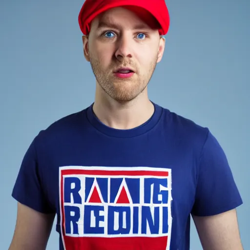 Image similar to a full body shot of an average white, short young - adult man with no beard and blue colored hair, wearing a red backwards cap, white t - shirt with a red no symbol on it, blue long pants and red shoes, holding a microphone, studio lighting, photoshoot, grey background