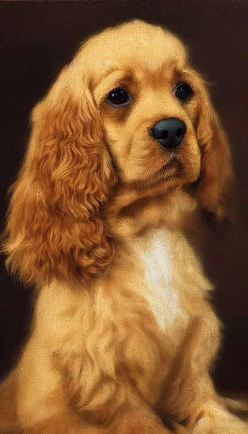 Prompt: painting of baby golden english cocker spaniel, by peder krøyer, dramatic lighting, golden hour, adorable, intricate detail, canvas print