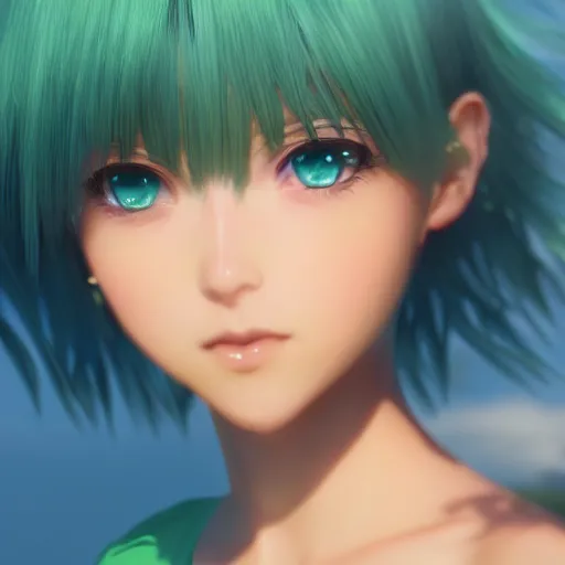 Image similar to render as a very beautiful 3d anime girl, short green hair, azure blue eyes, full round face, short smile, casual clothes, serene beach setting, cinematic lightning, medium shot, mid-shot, highly detailed, trending on Artstation, Unreal Engine 4k, cinematic wallpaper