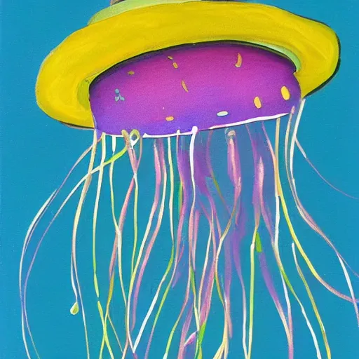 Prompt: jellyfish wearing a sombrero, expressionism, disco lighting