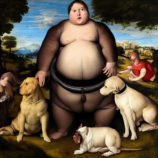 Image similar to world's fattest dog ever, enormous and obese, renaissance painting