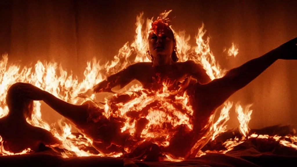 Image similar to a giant hand made of blood and fire floats through the living room holding a person, film still from the movie directed by Denis Villeneuve with art direction by Salvador Dalí, wide lens