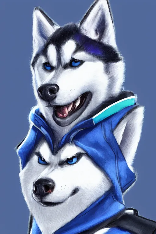 Prompt: a character design of a husky athlete in blue vest, portrait painting, anime, humanoid, anthropomorphic, personify, furry