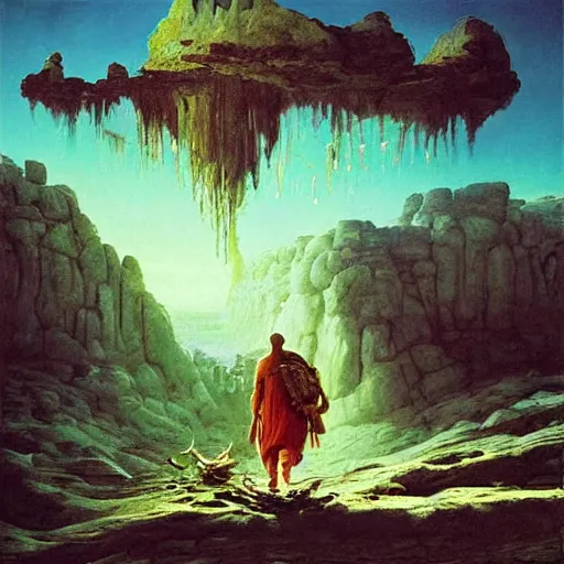 Prompt: A fresco painting of a nomadic wanderer traversing a corrupted futuristic crystal desert by Jacek Yurka, Kelly Freas, Filip Hodas, Paul Lehr, Dan Mumford, Max Ernst, Roger Dean, Caspar David Friedrich, Barclay Shaw, Jeffrey Smith, Dan McPharlin