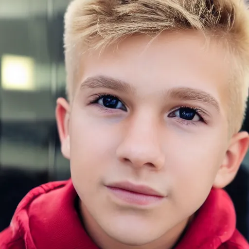 Image similar to a closeup portrait of a boy with blonde hair and brown eyes. Extremely clear and high quality eyes with reflection, realistic face and details, clear lips and high quality, real photo