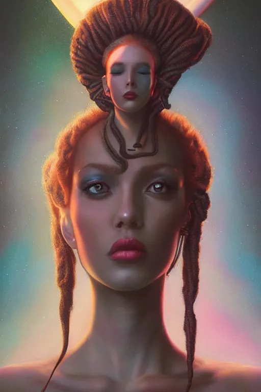 Prompt: portrait of an elegant alien queen with dreads snake hair, straight on portrait, by artgerm, tom bagshaw, gerald brom, vaporwave colors, lo fi colors, vaporwave, lo fi, 2 point studio lighting, dramatic lighting, 4 k, hd,