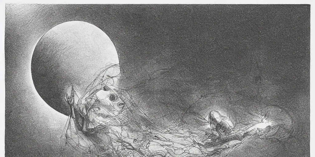 Image similar to dawn of creation; first atom; beings of light and darkness; ethereal plane. illustrated by maurice sendak and Stephen Gammell