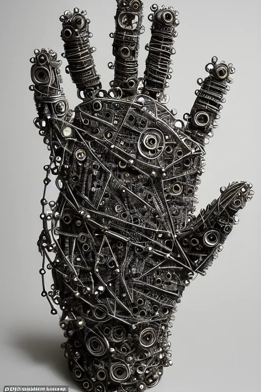 Image similar to cybernetic robotic hand made of intricate gears, wires and ceramics, engraved with sanskrit writing