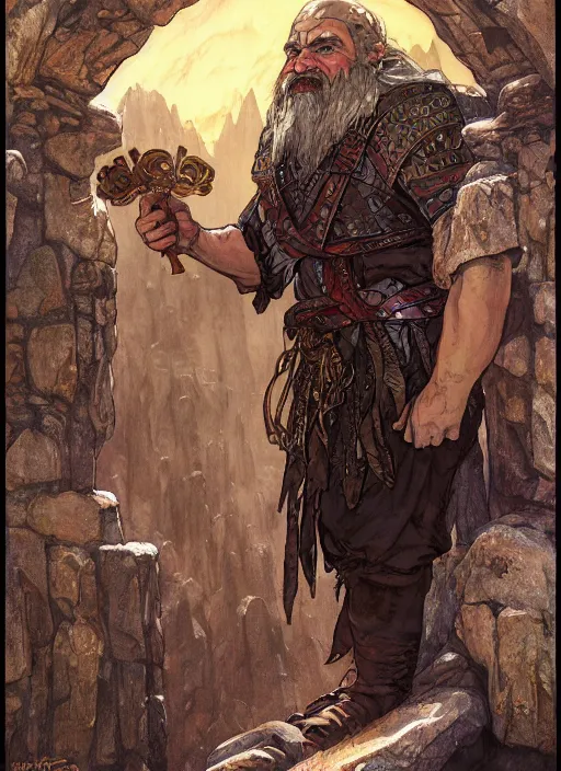 Image similar to Hulgen the dwarf. A humble dwarven stone mason completes the great gate of kings. Fantasy concept art. Moody Epic painting by James Gurney, and Alphonso Mucha. ArtstationHQ. painting with Vivid color. (Dragon age, witcher 3, lotr)