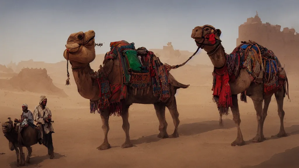 Image similar to arabian merchant with colored bags feeding a camel in a desert, watercolored, jakub rozalski, dark colours, dieselpunk, artstation
