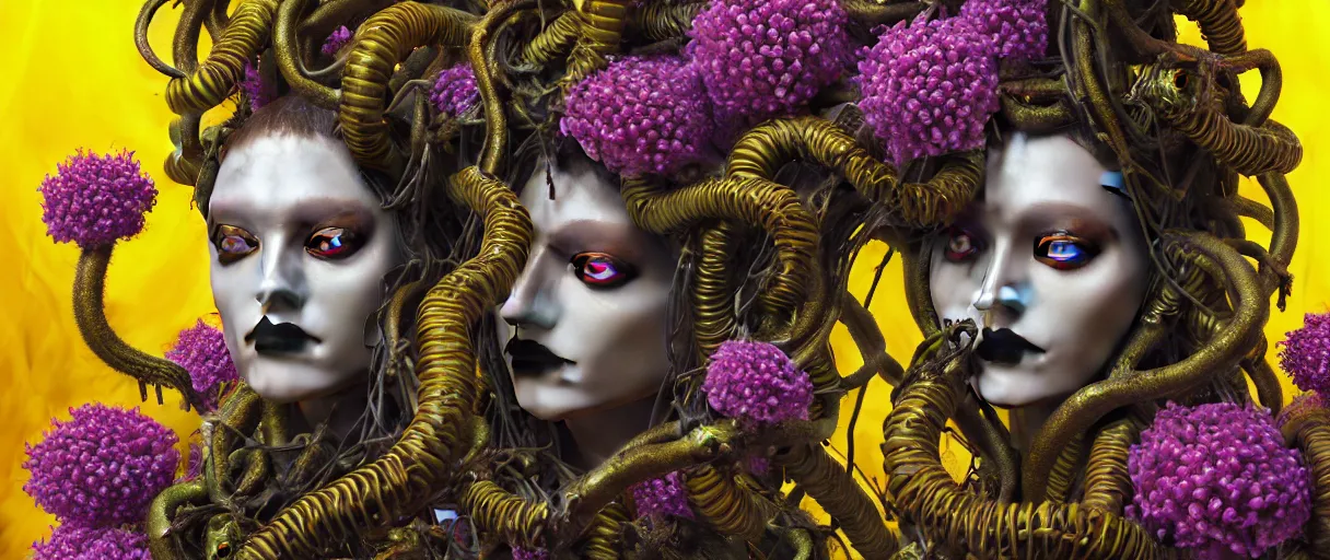 Prompt: hyperrealistic hyper detailed neo-surreal 35mm portrait of gothic cyborg medusa with multiple heads covered in flowers matte painting concept art hannah yata dali very dramatic yellow lighting low angle hd 8k sharp shallow depth of field