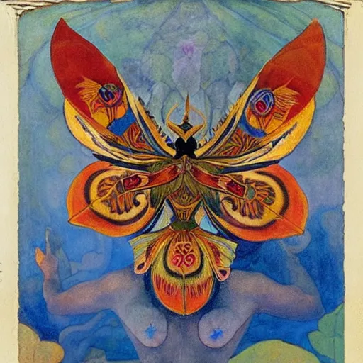 Prompt: the moth crown, by Annie Swynnerton and Nicholas Roerich and Diego Rivera, bioluminescent skin, floral tattoos, wings made out of flowers, elaborate costume, geometric ornament, symbolist, smooth, sharp focus, extremely detailed