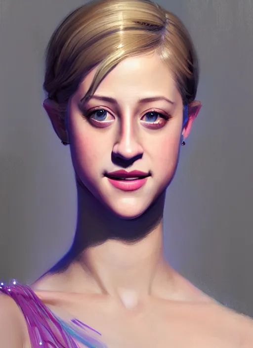 Image similar to portrait of lili reinhart, smiling kindly, bangs, 1 9 6 0 s, ponytail, bangs and ponytail, intricate, elegant, glowing lights, highly detailed, digital painting, artstation, concept art, smooth, sharp focus, illustration, art by wlop, mars ravelo and greg rutkowski