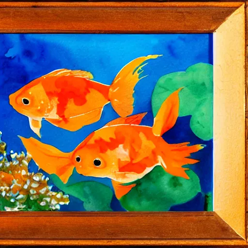 Image similar to watercolor painting of two mostly orange goldfish with white spot, by yusei nagashima, simple background, impressionist