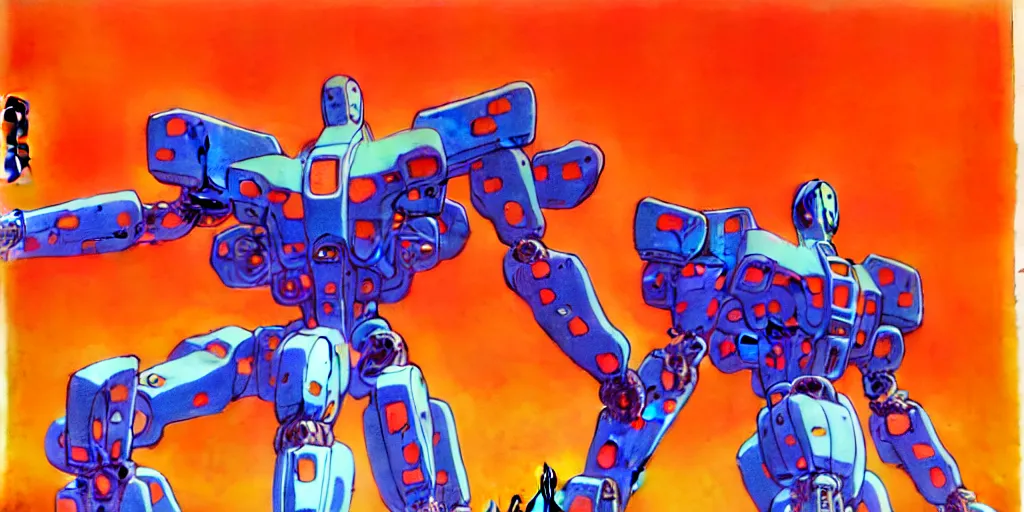 Image similar to risograph rendition of extremely - detailed white huge evangelion - like mech with a lot of orange tiny balls on it, children faces, ominous, intricate complexity, dramatic, epic composition, atmospheric, painting by moebius