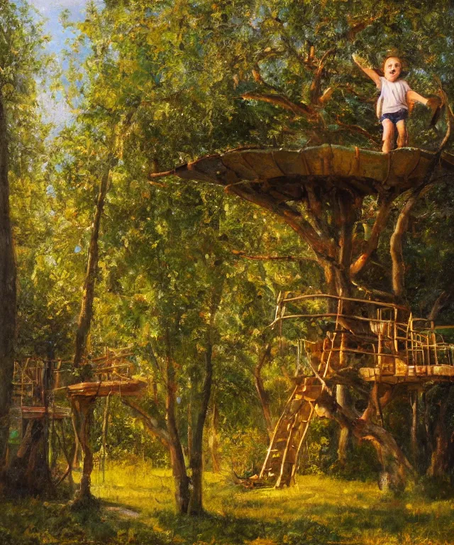 Prompt: masterful oil on canvas painting, eye - level view, shot from 5 0 feet distance, of a kid playing in a treehouse. in the background is a whimsical forest. golden hour, detailed, depth, volume, chiaroscuro, quiet intensity, vivid color palette.