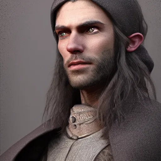 Image similar to a highly detailed portrait of a man with purple eyes, light gray long hair, beardless, without a beard, wearing a black cloak, artstation, DeviantArt, professional, octane render