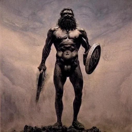 Prompt: zeus in thunder armor concept, bearded, muscular, beksinski