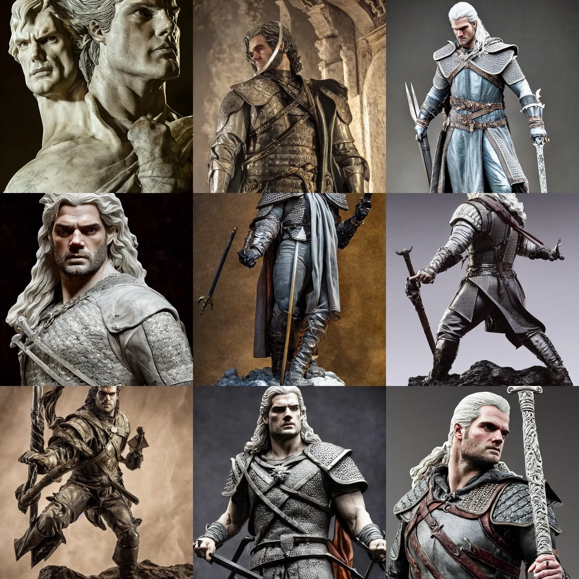 Prompt: marble statue of henry cavill as the witcher, rococo style, highly detailed, dramatic, dramatic lighting