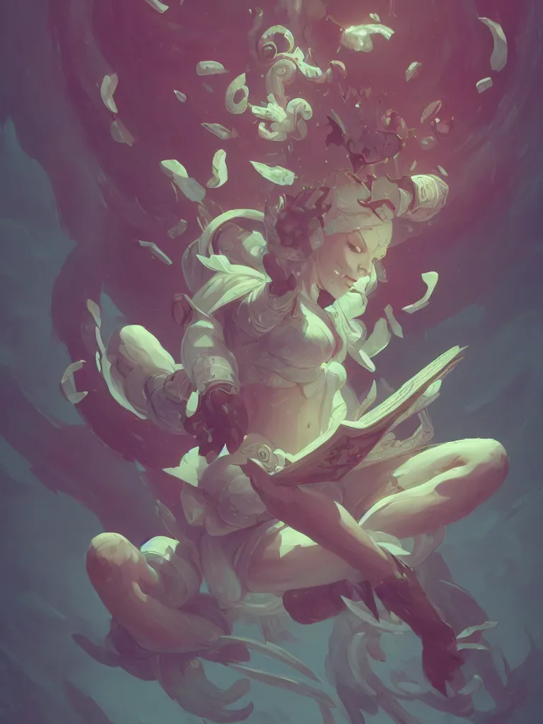 Image similar to a tiny cute demon floating while meditating and wrapped in sacred scrolls, smooth, intricate, elegant, digital painting, artstation, power runes, pulsing energy, concept art, sharp focus, octane render, illustration, art by josan gonzalez, overwatch character,