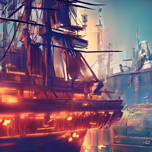 Prompt: a battered pirate ship pulls into the port of night city cyberpunk 2077 in the evening with dim neon city light in the background, close up, hyper realistic, octane, cinematic, high energy