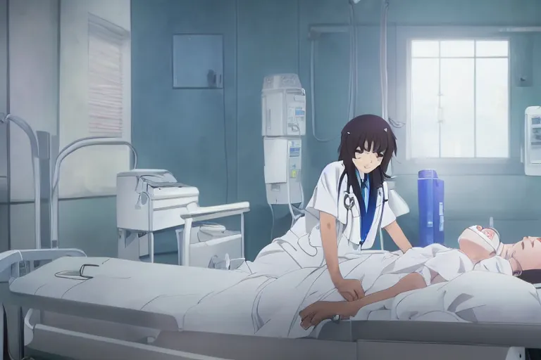 Image similar to a cute and beautiful young female doctor wearing white coat are taking care of a patient on a bed in a hospital ward, slice of life anime, anime scenery by Makoto shinkai