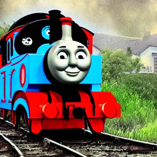 Image similar to Thomas the Tank Engine, horror, pain, dark, destruction, death