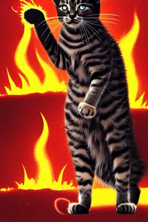 Prompt: a kitty cat commanding all of the armies of hell, a land of lava and rock, raining fire