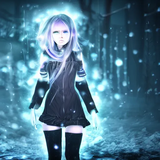 Image similar to photorealistic full body shot of masterpiece angry darkness android anime girl, beautifull lovely eyes, electric aura with particles, snowing frozen ice, darkness background, inspired by tim burton, detailed, unreal engine 4 k, volumetric light, fog