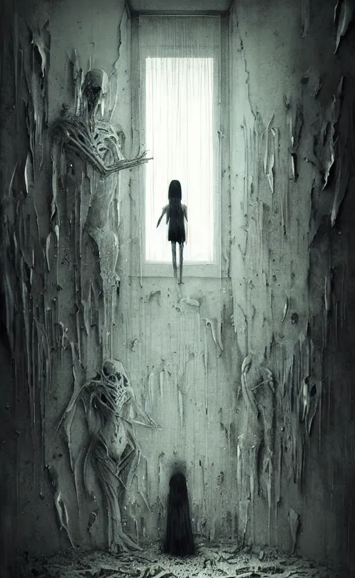 Prompt: vertical movie frame portrait of girl inside abandoned bedroom, ominous backrooms at distance seen through big broken shattered window, giger interior design, architectural design, vintage, liminal aesthetic, dreamcore, weirdcore, clean lines, wide angle, by wayne barlowe, tsutomu nihei, zdzislaw beksinski,