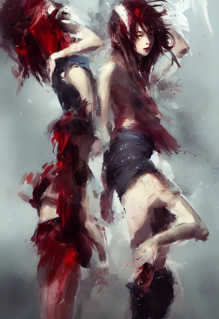 Image similar to full body portrait of a duo of 1 9 years old girl figures, messy hair, oriental tattoos, subjects wearing savile row menswear, beautiful, dramatic, cinematic lighting, few fire red highlights, visible brushstrokes, by ross tran and jeremy mann and guweiz, oil on canvas, artstation, pixiv