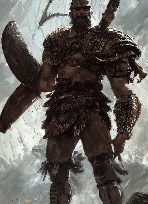 Image similar to ancient historically accurate depiction of the Bible Character Goliath of Gath, the Philistine warrior giant in ancient persian chainmail armor, dramatic lighting art by Yoji Shinkawa by Richard Schmid by greg rutkowski by Sandra Chevrier by Jeremy Lipking cinematic dramatic