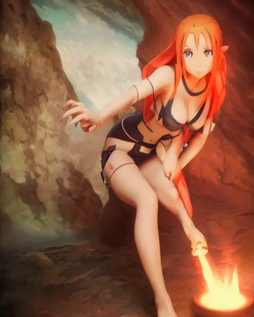 Prompt: pinup photo of asuna from sao in flame dungeon, asuna by a - 1 pictures, by greg rutkowski, gil elvgren, enoch bolles, glossy skin, pearlescent, anime, very coherent, maxim magazine, 3 d, vray, unreal 5, octave rendey, maya