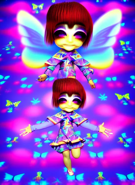 Prompt: 3 d render of chibi jester by ichiro tanida wearing angel wings against a psychedelic swirly background with 3 d butterflies and 3 d flowers n the style of 1 9 9 0's cg graphics 3 d rendered y 2 k aesthetic by ichiro tanida, 3 do magazine