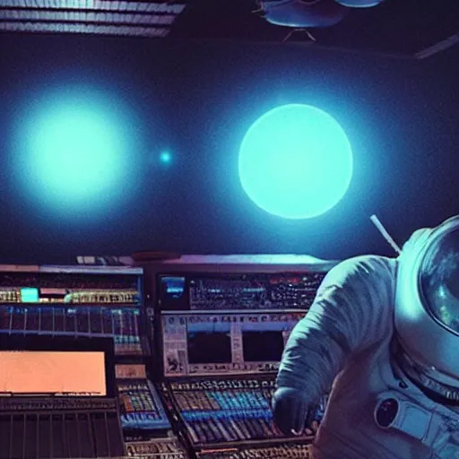 Image similar to an astronaut, recording in a music studio, [ floating ]!!, synthwave art style, illustrated by greg rutkowski and ashley mckenzie, trending on cgsociety, golden ratio!!!, centered!!!