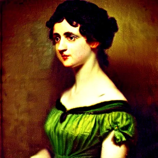 Prompt: a stunning Regency-era girl in a Pomona green dress by Sir Thomas Lawrence, wistful, moody