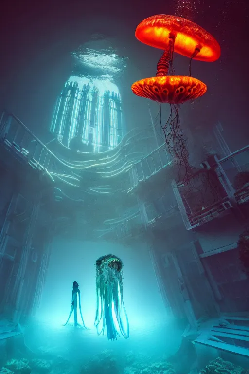 Prompt: high quality photo of cinematic underwater dystopian cyber - gothic cathedral ruins with giant bioluminescent colorful mutant plants and cyborg jellyfish, digital art masterpiece, aykut aydogdu eric zener, dramatic volumetric light, extreme long shot, ground angle uhd 8 k, sharp focus