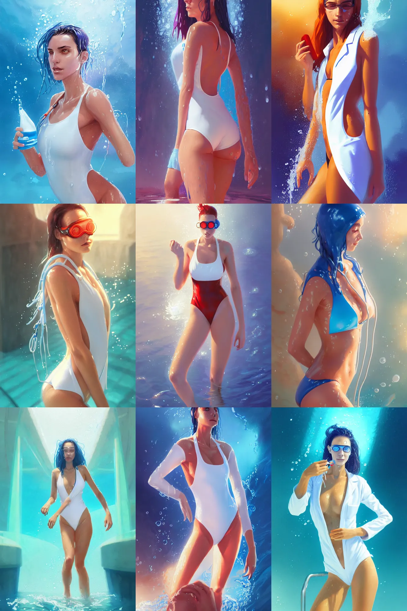 Prompt: color art portrait of an attractive scientist girl in the pool, white lab coat and closed one-piece swimsuit monokini under, wet scientific coat and monokini in the pool, by Jordan Grimmer and greg rutkowski, Trending artstation, pixiv, cinematográfica, digital Art