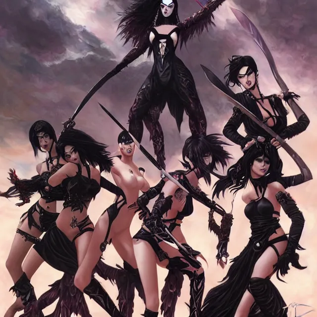 Prompt: group of beautiful goth girls fighting slavemaster with sword cosplay with black hair in bikini armor, light makeup, few tattoos, clothes fully on, art by stanley lau and artgem and wlop and magali villeneuve and karol bak and gennady ulybin