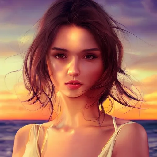 Prompt: portrait of beautiful woman on the beach, brown eyes, sunset, highly detailed, bokeh, digital painting by wlop, rossdraws, artgerm.