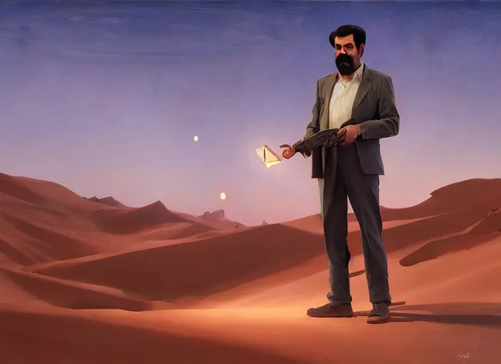 Image similar to portrait of saddam hussein making a blood sacrifice, chilling desert landscape lit by blood moon, painting by sargent and leyendecker, studio ghibli, fantasy, medium shot, asymmetrical, intricate, elegant, matte painting, hearthstone, crimson gradient, by greg rutkowski and greg tocchini and james gilleard and joe fenton and greg manchess