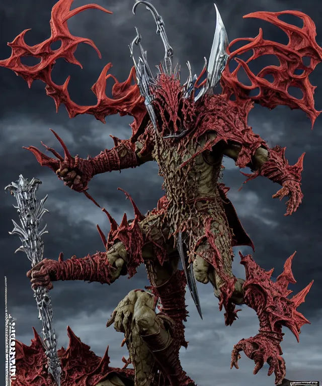 Prompt: hyperrealistic rendering, epic boss battle, ornate supreme orc goblin overlord wild hunt cletus kasady carnage nazgul, jewel crown, war armor battle, by art of skinner and richard corben and brock hofer and artgerm and greg rutkowski and alphonse mucha, product photography, collectible action figure, sofubi, hottoys, storm clouds, outside, lightning