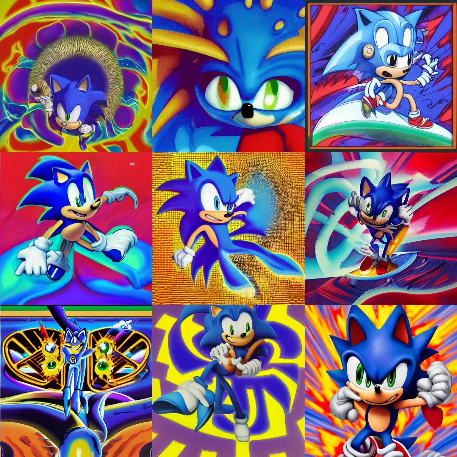 Prompt: portrait surreal sonic the hedgehog, recursive, sharp, detailed professional, high quality airbrush art MGMT album cover portrait of a liquid dissolving LSD DMT blue sonic the hedgehog surfing through a special stage, purple checkerboard background, 1990s 1992 Sega Genesis video game album cover