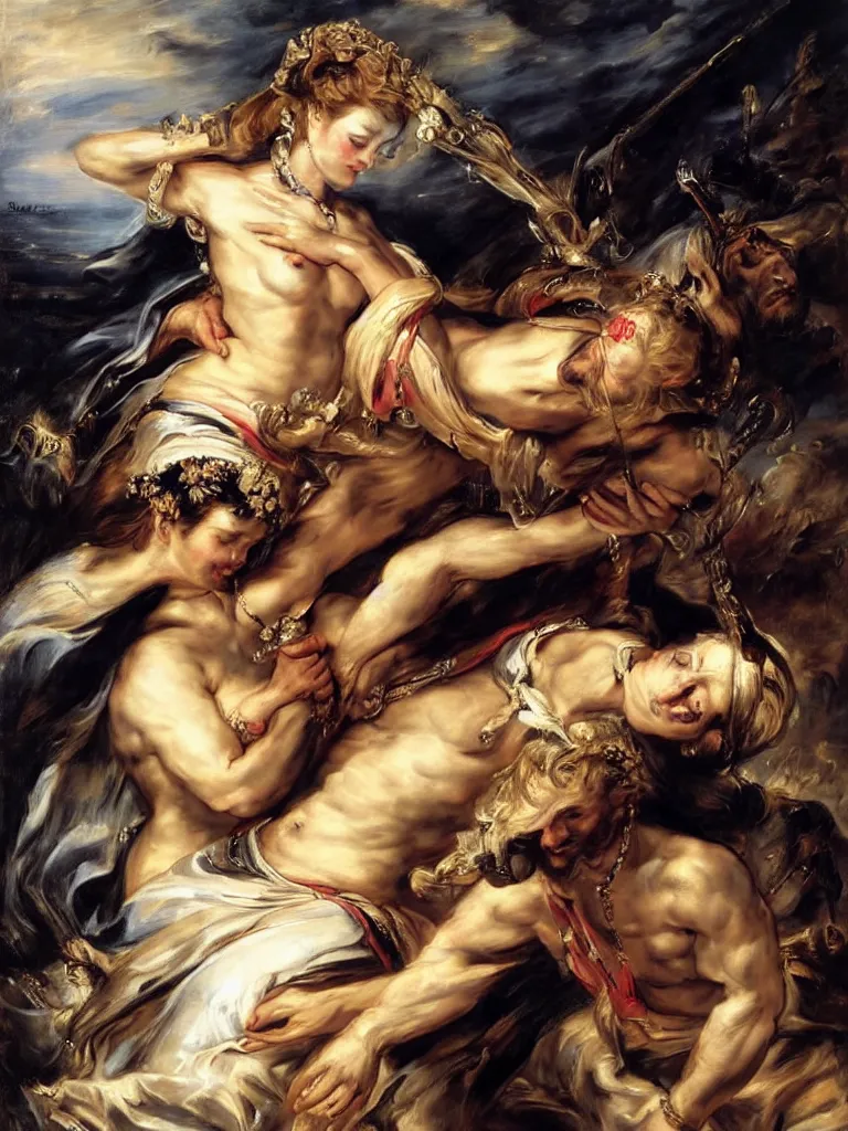Image similar to the soldier lays his hand on the queen ’ s forehead, by peter paul rubens and eugene delacroix and karol bak, hyperrealism, digital illustration, fauvist, intimate, relaxed posture, high definition, delicate, dimly lit, private moment
