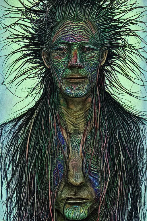 Image similar to dark portrait of one Bioluminescent old shaman, with cracked reaction diffusion semi-transparent skin. multicolored fish scales, closeup. long dark hair with insects and plant leaves. at night, realistic. intricate, very detailed, by alex grey and Moebius