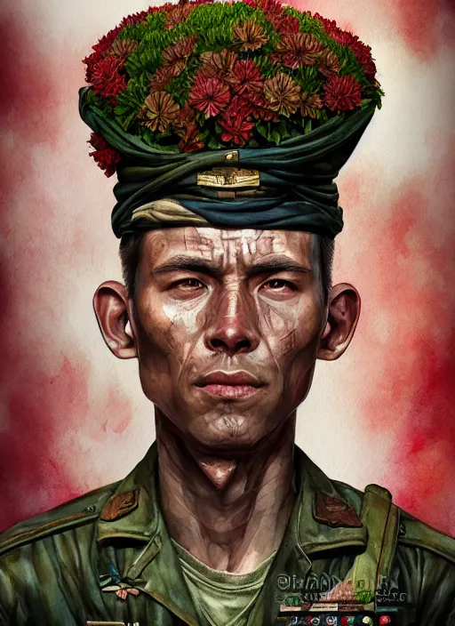 Image similar to handmade character portrait of a vietnam war american soldier covered in amaratyllis, hydrangea, chrysanthemum and hyacinth, in the style of artgerm and enki bilal and bastien lecouffe - deharme, wlop, line art, watercolor, cinematic lighting, hyperdetailed, hyperrealistic