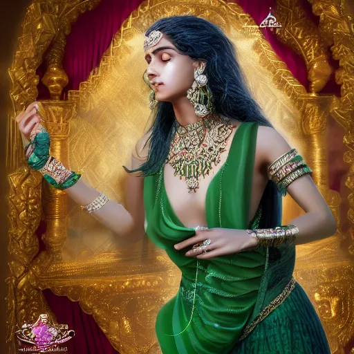 Image similar to photograph of wonderful princess with smooth fair skin, hindi, green jewelry, breathtaking, elegant, ornate, intricate, hyper detailed, accent lighting, dramatic light, 4 k octane render