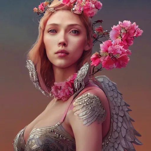 Image similar to scarlet johansonexpressive full body photo, of beautiful angel, smooth glowing skin, ornate headpiece made from pink flowers, glamour shot, by yoshitaka amano, by greg rutkowski, by jeremyg lipkinng, by artgerm, digital art, octane render